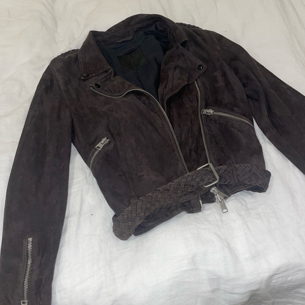AllSaints Suede Leather Biker Jacket, Gray